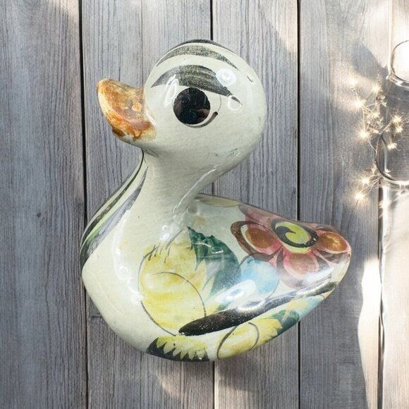 Vintage Mexico Pottery Tonala Hand Painted Duck Bird Figurine Marked Whimsical - Picture 2 of 13